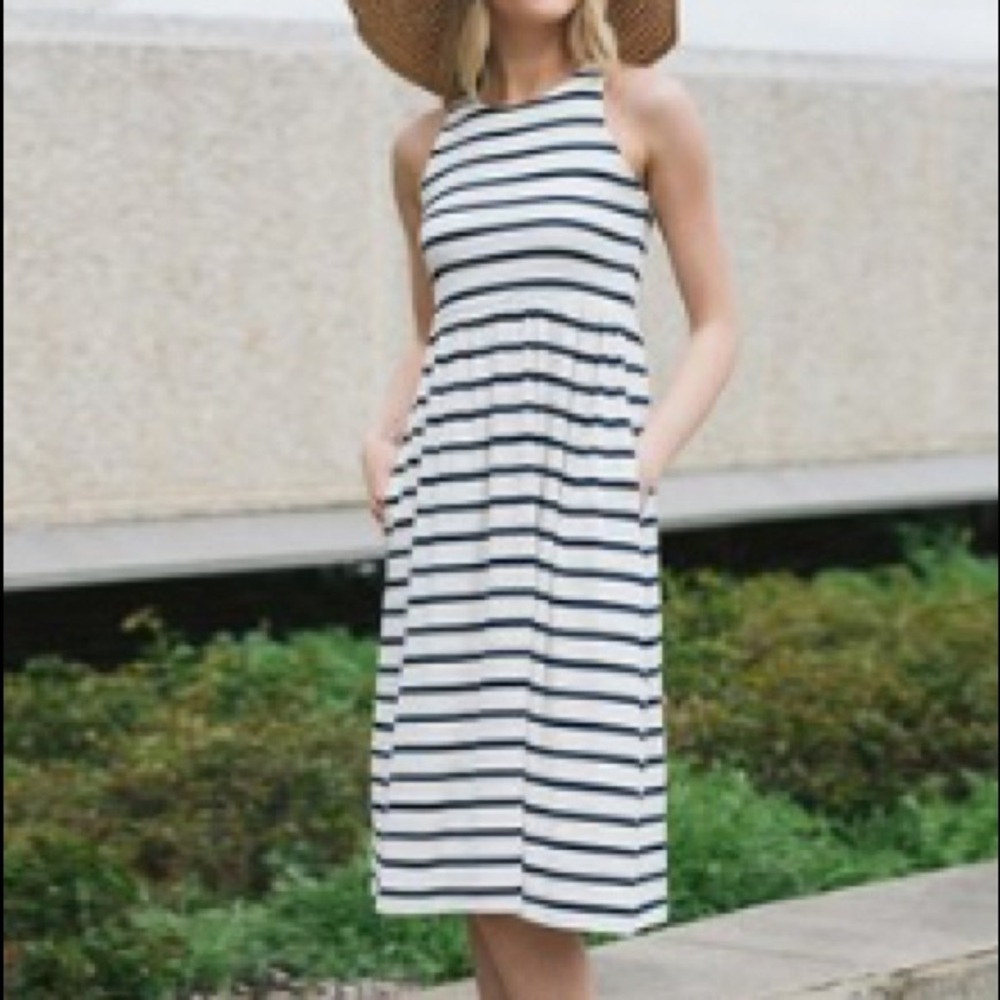 Jardin by Macris Black/White Striped Empire Dress
